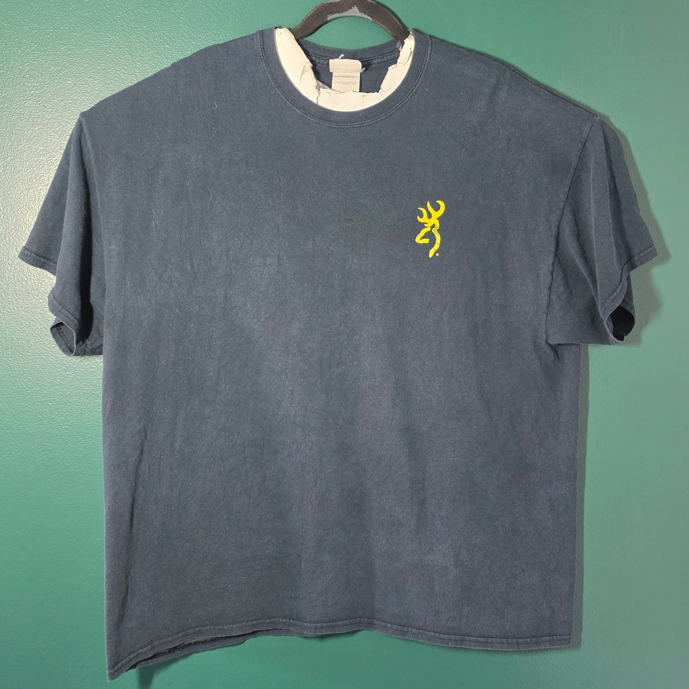 Browning Mens 2XL Graphic T-Shirt Navy Blue Yellow Buckmark Logo Short Sleeve